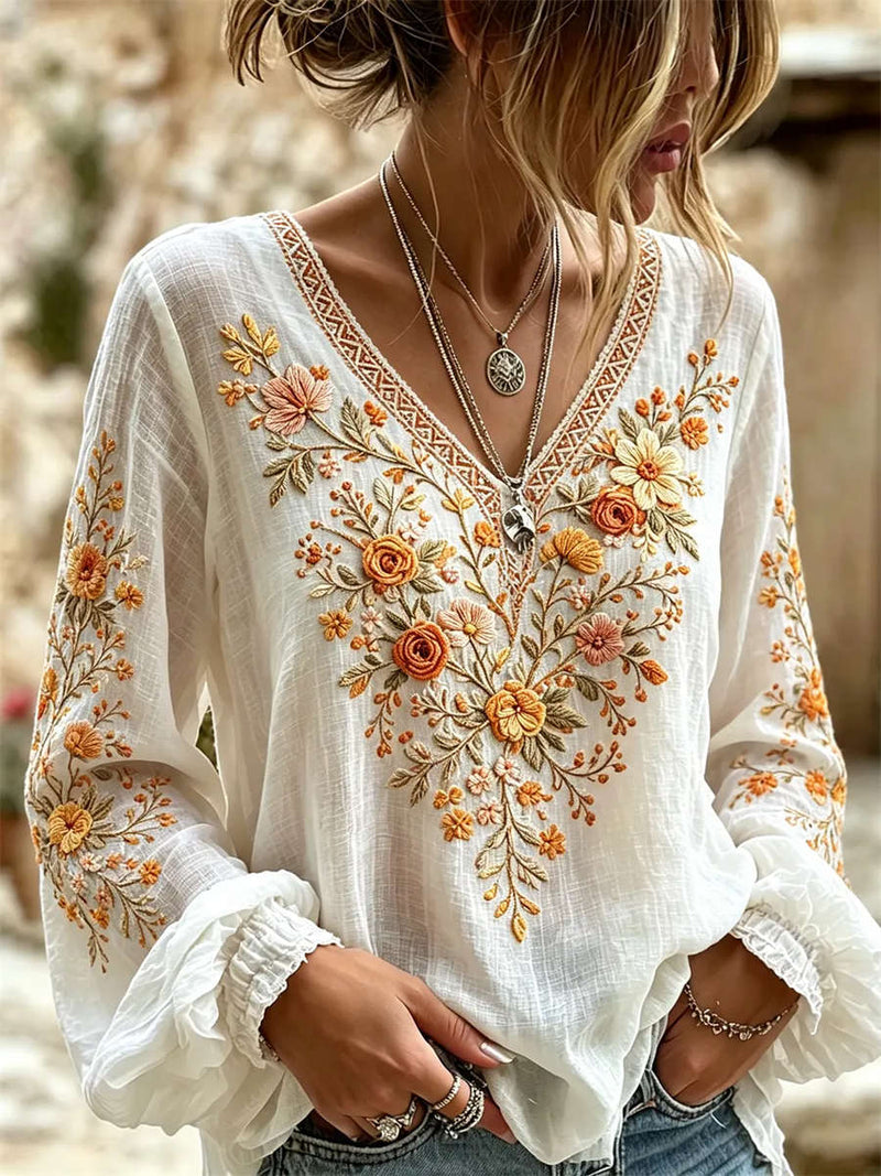 Women's White Orange Floral Embroidery V Neck Long Sleeve Blouse