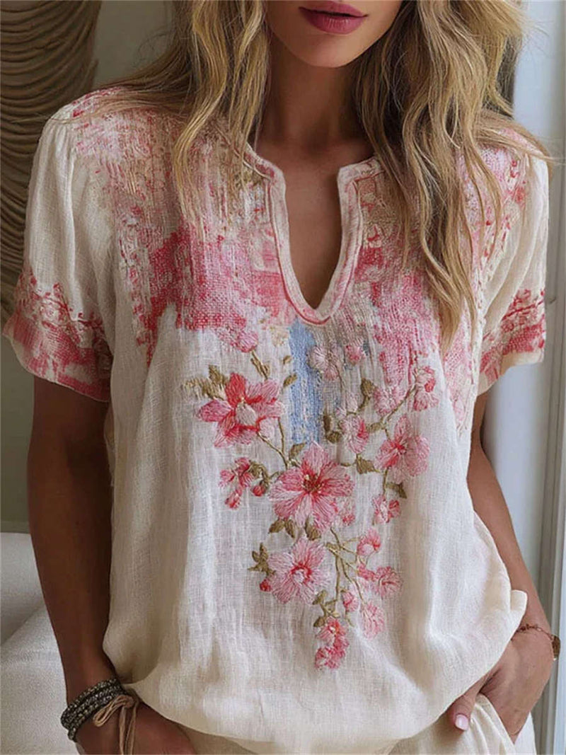 Women's White Floral Embroidery Notch Neck Short Sleeve Blouse