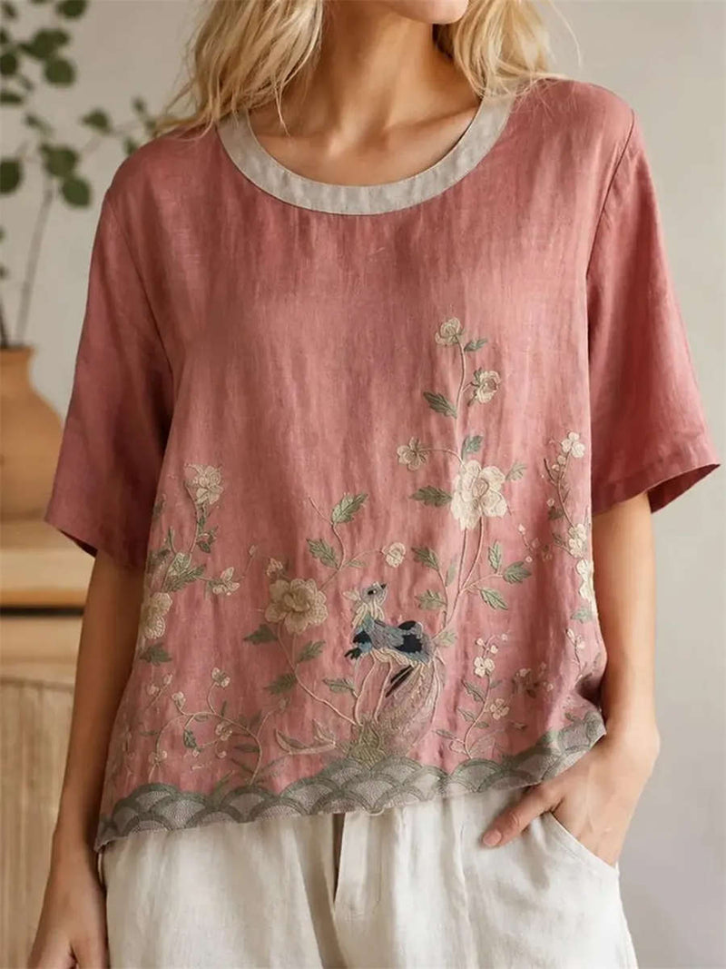 Women's Pink Floral Bird Embroidery Round Neck Half Sleeve Blouse