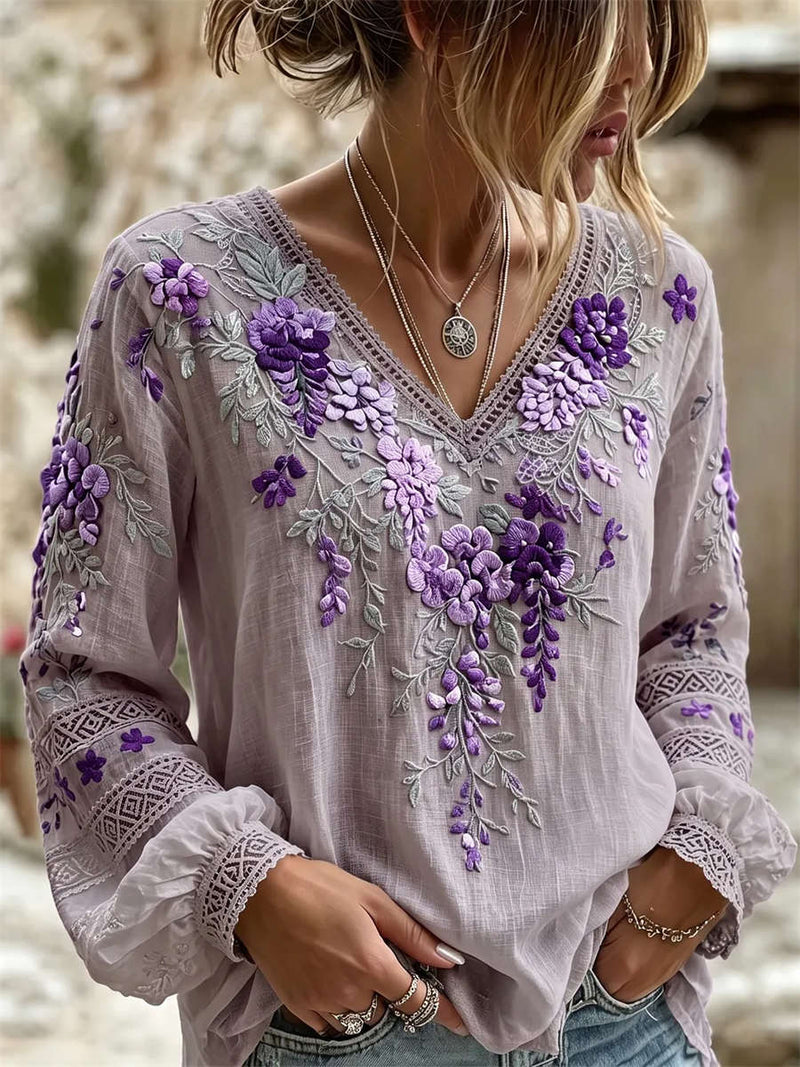 Women's Purple Floral Embroidery Lace V Neck Long Sleeve Blouse