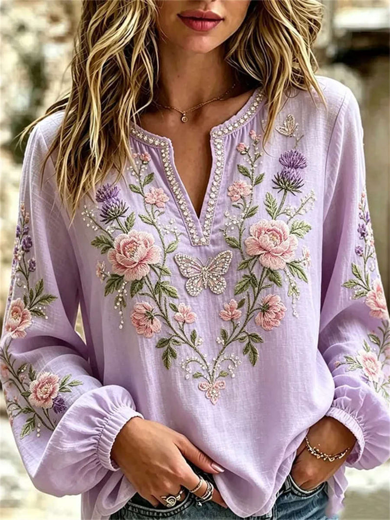 Women's Light Purple Floral Butterfly Embroidery Notch Neck Long Sleeve Blouse