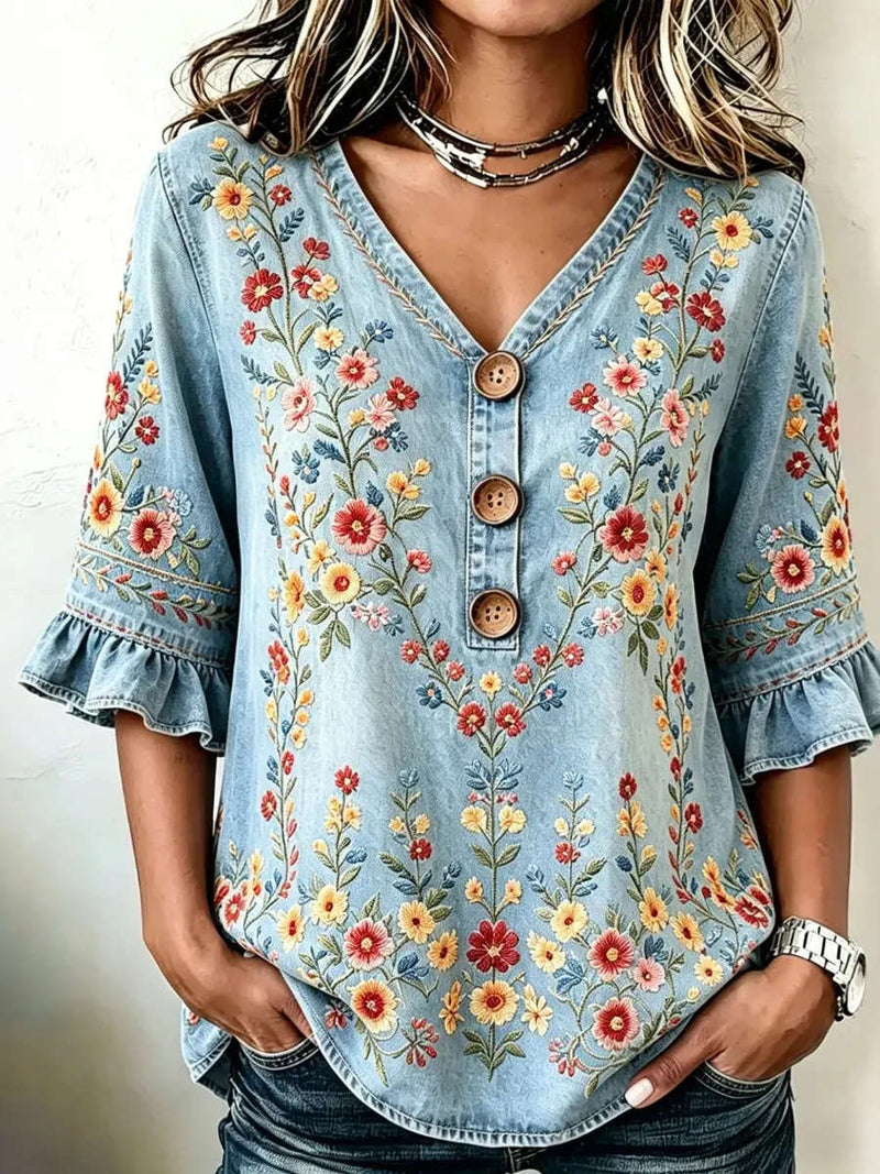 Women's Light Blue Floral Embroidery V Neck 3/4 Sleeve Blouse