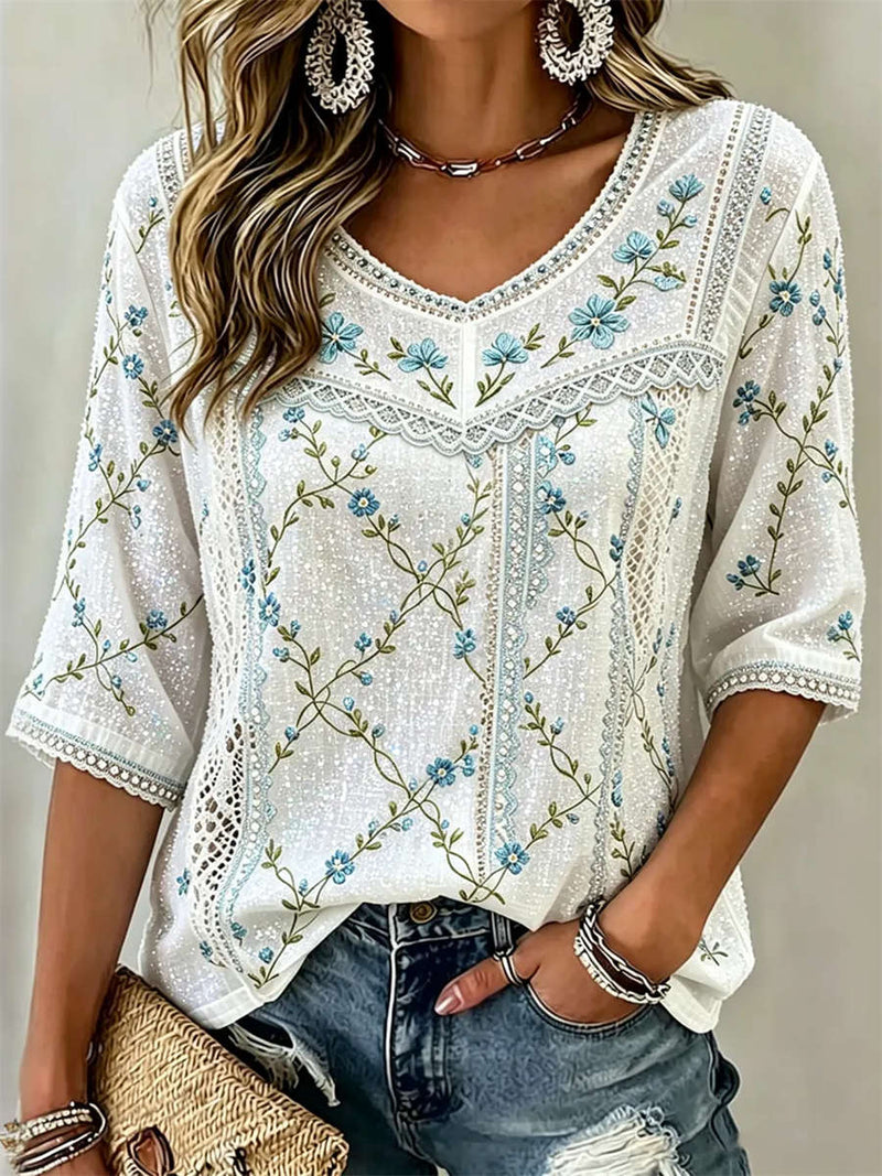 Women's White Floral Embroidery V Neck 3/4 Sleeve Blouse