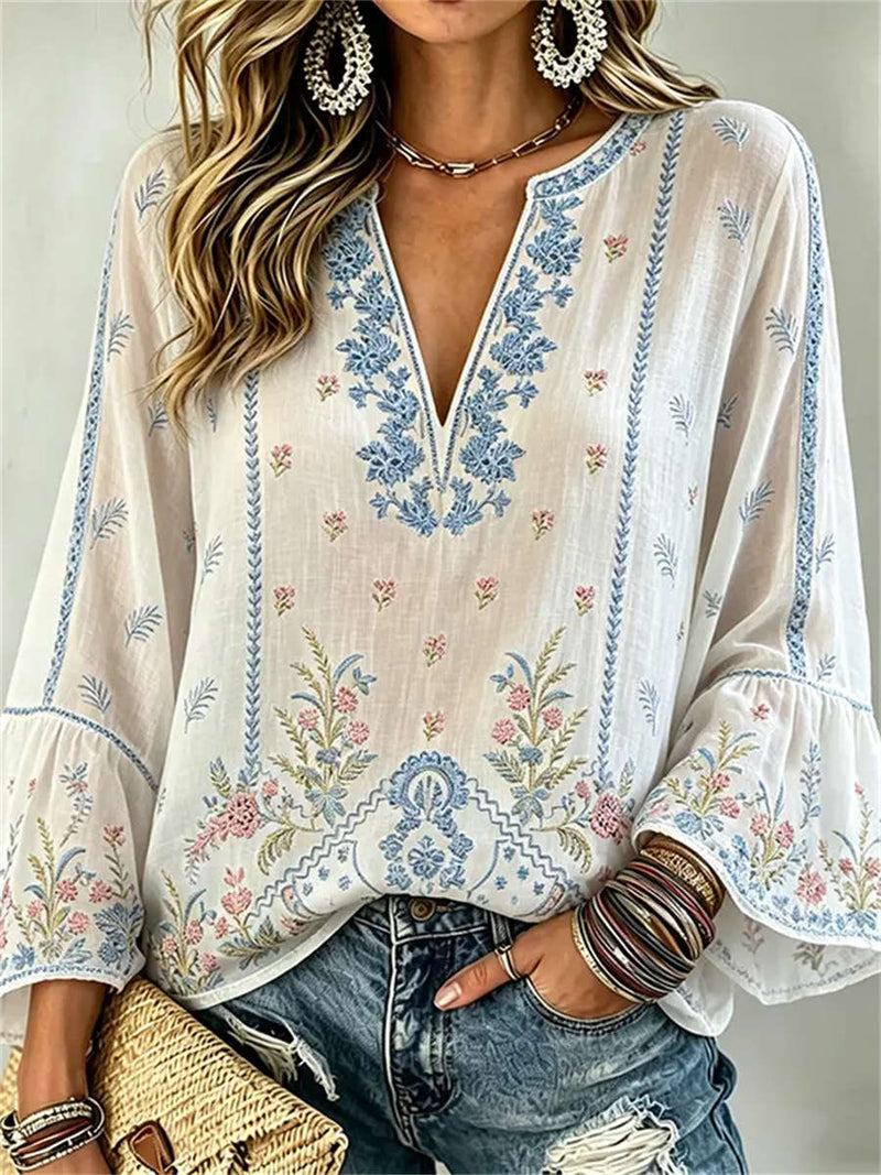Women's White Floral Embroidery V Neck Bell Long Sleeve Blouse