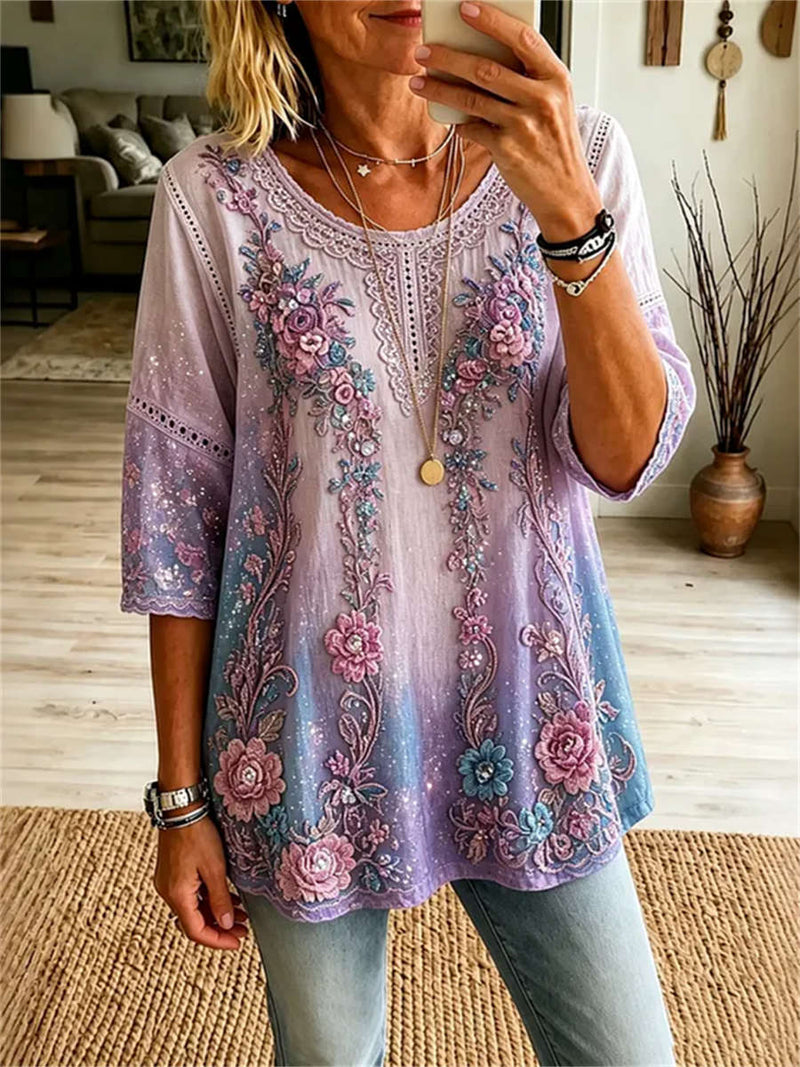 Women's Purple Gradient Floral Embroidery Lace Round Neck 3/4 Sleeve Blouse