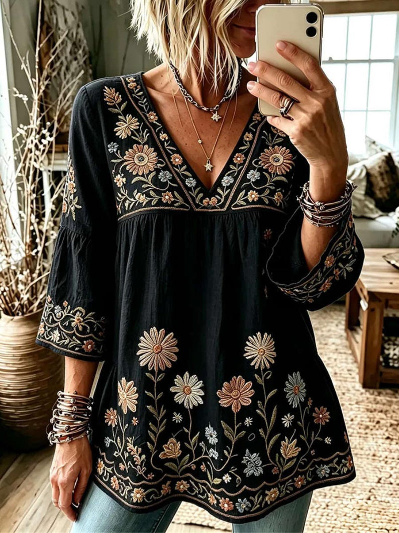 Women's Black Floral Embroidery V Neck 3/4 Sleeve Blouse