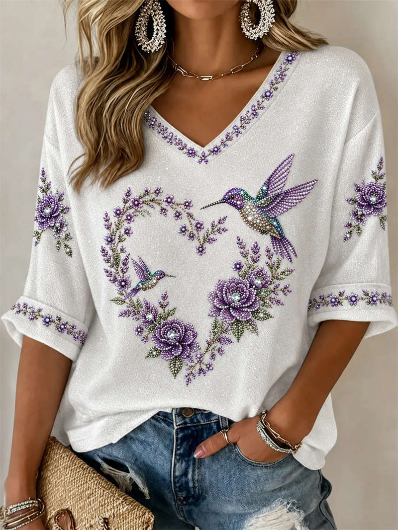 Women's White Hummingbird Floral Print V Neck 3/4 Sleeve Blouse