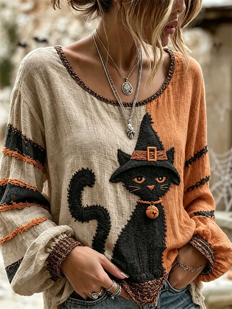 Women's Two Tone Witch Cat Embroidery Round Neck Long Sleeve Blouse