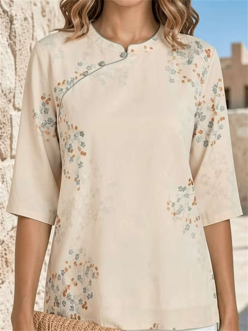 Women's Beige Floral Print Mandarin Collar Asymmetric Placket 3/4 Sleeve Blouse
