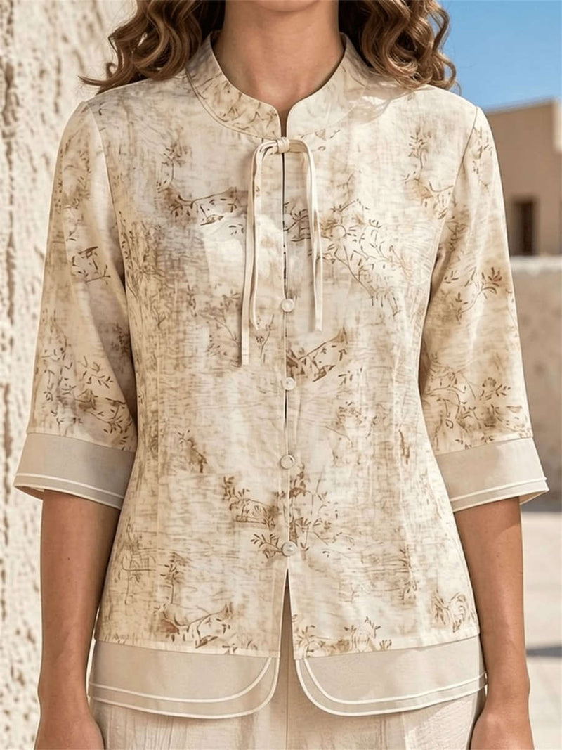 Women's Light Khaki Vintage Floral Print Mandarin Collar 3/4 Sleeve Blouse