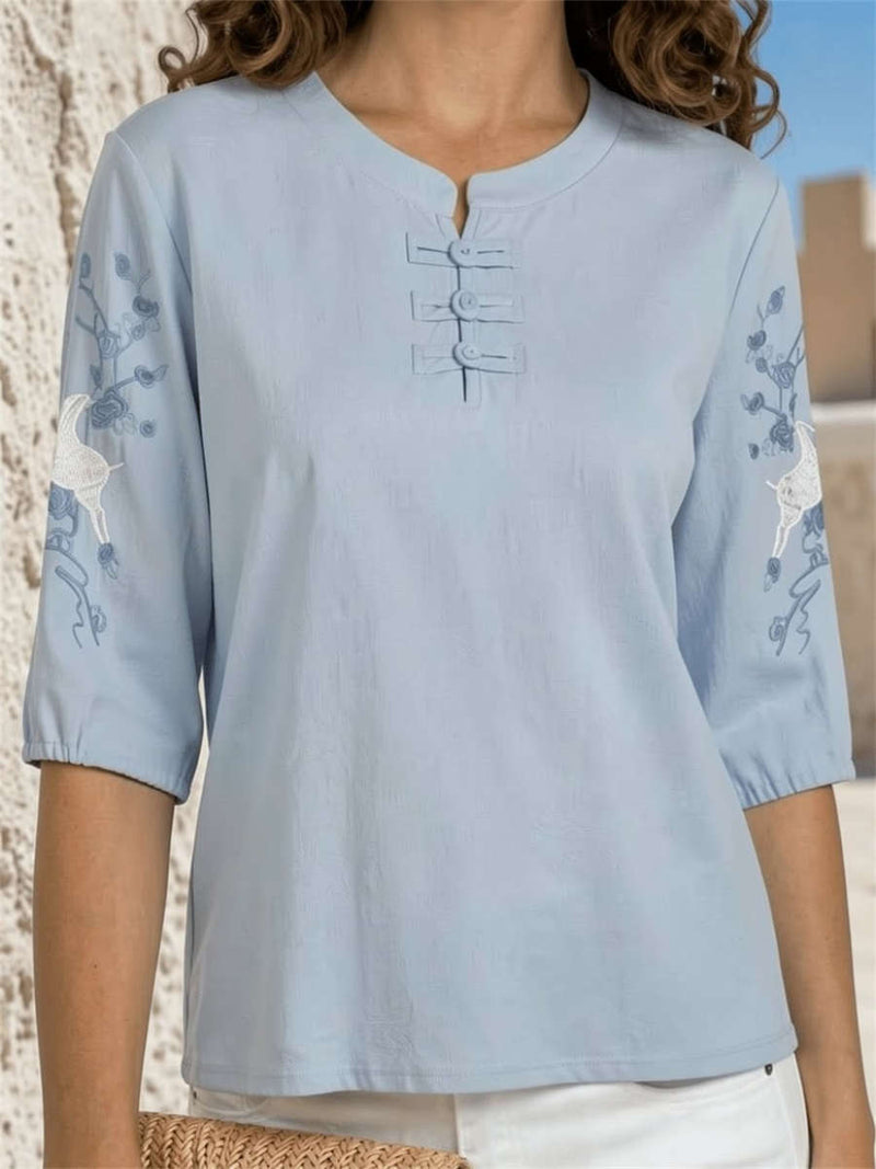 Women's Blue Deer Floral Embroidery Round Neck 3/4 Sleeve Blouse