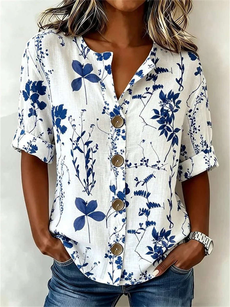 Women's White Blue Floral Print V Neck Half Sleeve Blouse