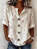 Women's Ivory Pink Floral Print V Neck Half Sleeve Blouse