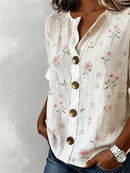 Women's Ivory Pink Floral Print V Neck Half Sleeve Blouse