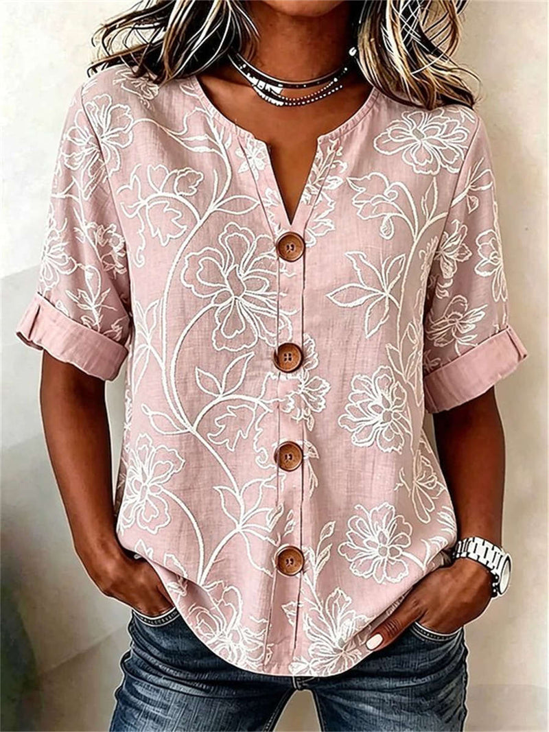 Women's Pink Floral Print V Neck Half Sleeve Blouse