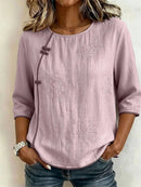 Women's Purple Floral Embroidery Frog Button Round Neck 3/4 Sleeve Blouse