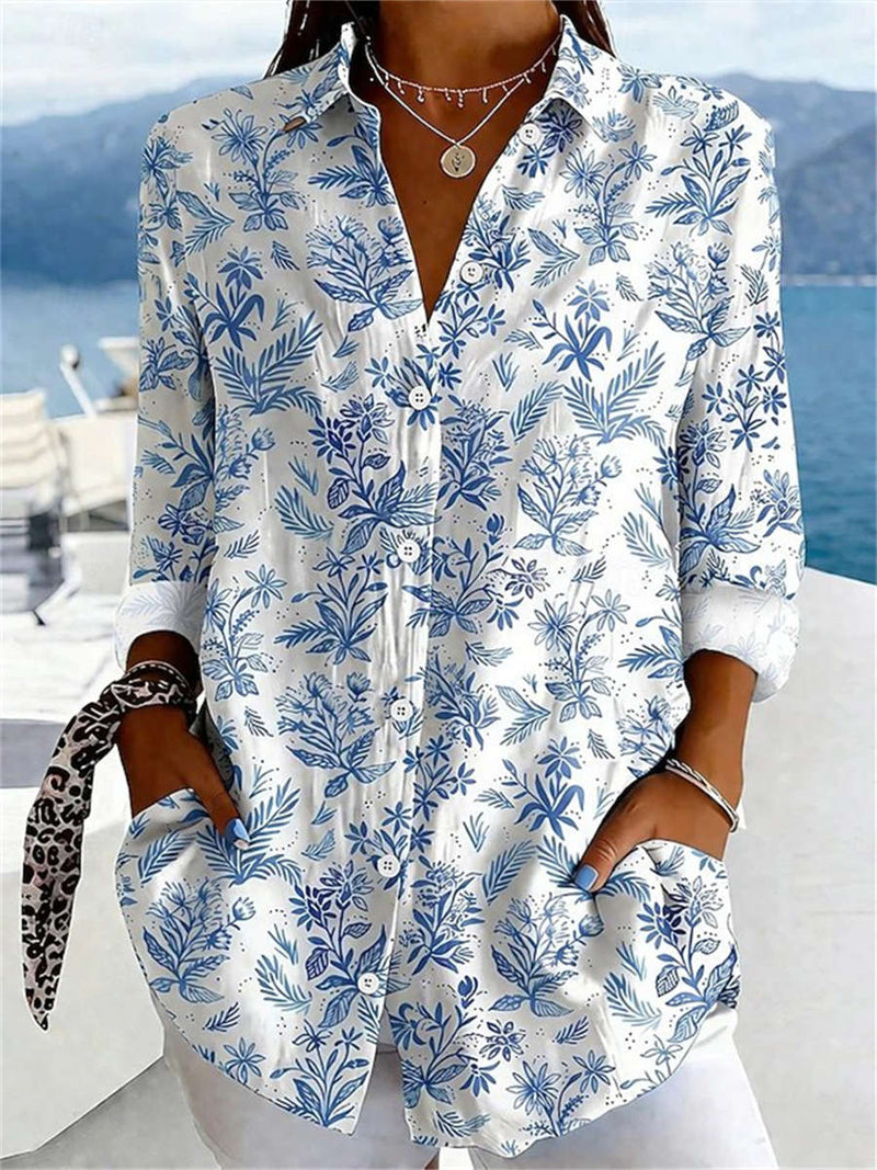 Women's White Blue Floral Leaf Print Collared Long Sleeve Shirt