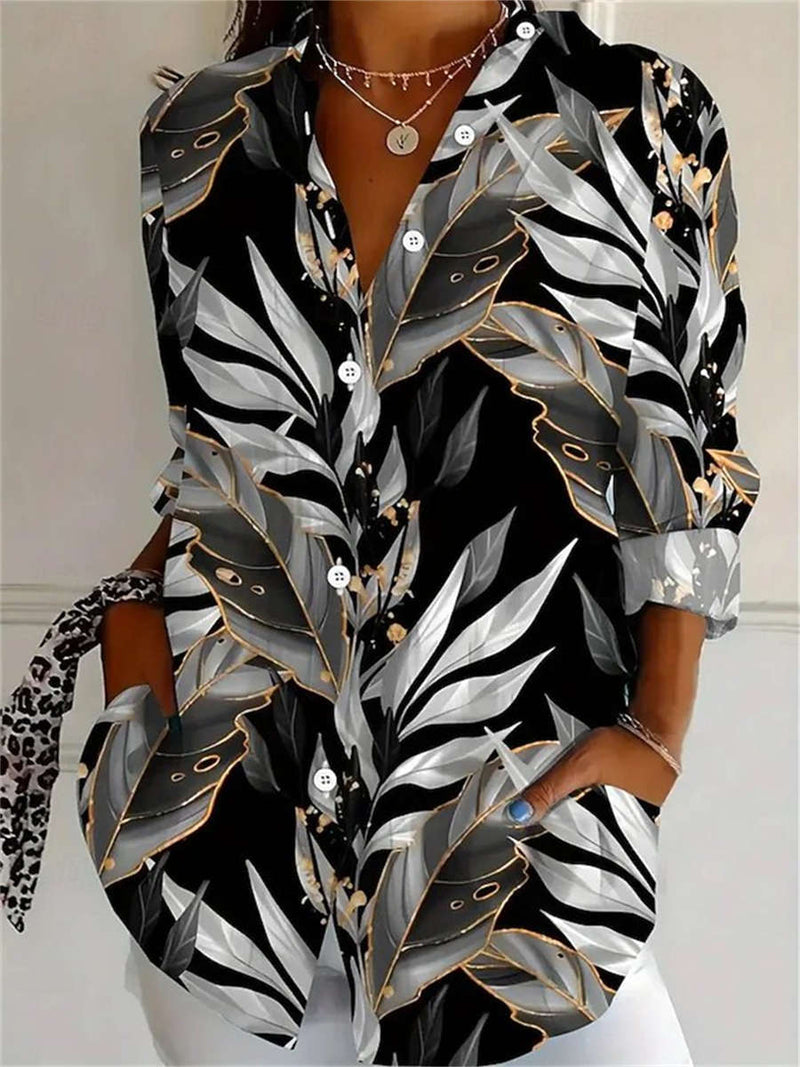 Women's Black Tropical Leaf Print Collar Long Sleeve Shirt