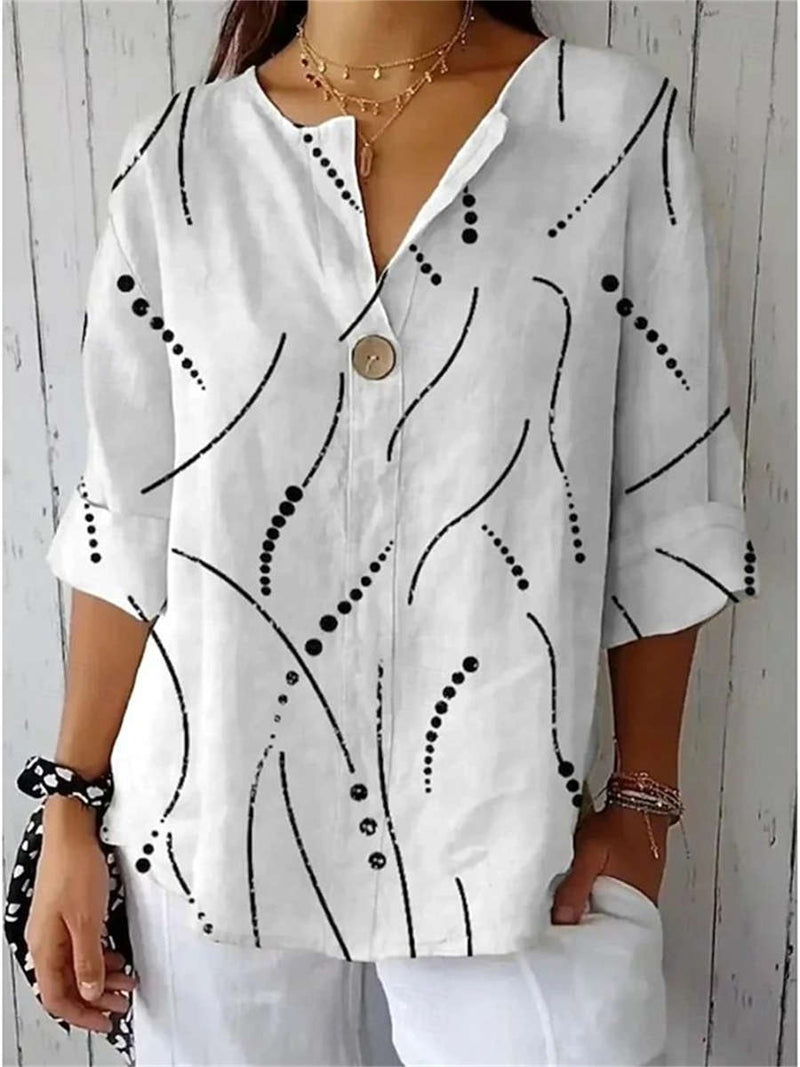 Women's White Line Dot Print Notch Neck 3/4 Sleeve Blouse