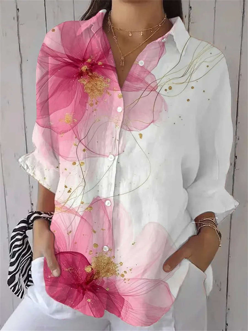 Women's White Pink Floral Print Collared Long Sleeve Shirt
