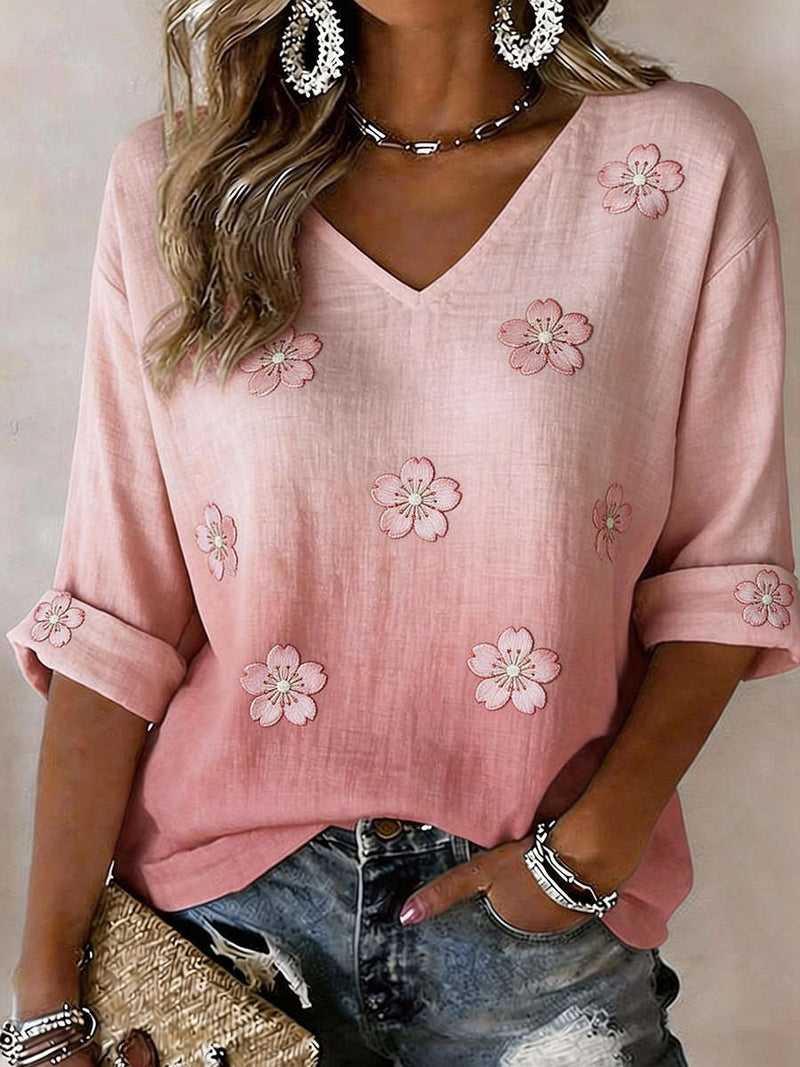 Women's Pink Floral Embroidery V Neck 3/4 Sleeve Blouse