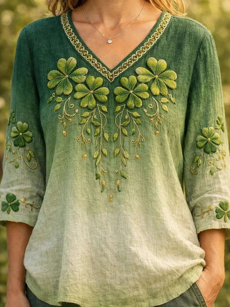 Women's Green Gradient Clover Embroidery V Neck 3/4 Sleeve Blouse