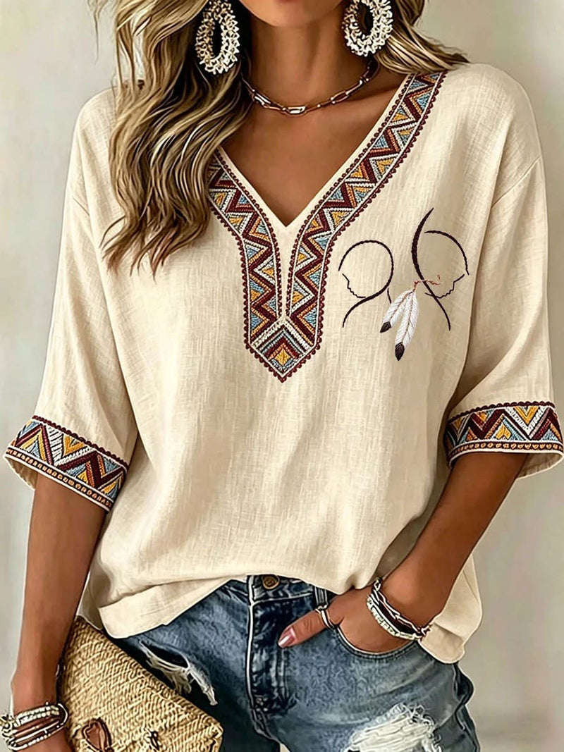 Women's Beige Feather Embroidery Geometric Trim V Neck 3/4 Sleeve Blouse