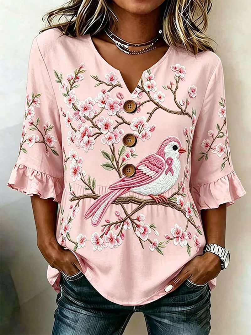 Women's Pink Bird Floral Print Notch Neck Ruffle 3/4 Sleeve Blouse