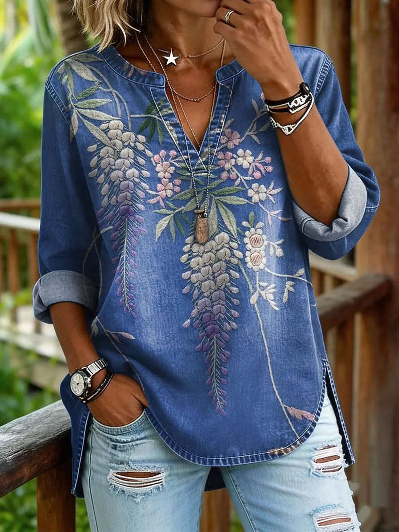 Women's Denim Blue Floral Print V Neck Long Sleeve Shirt