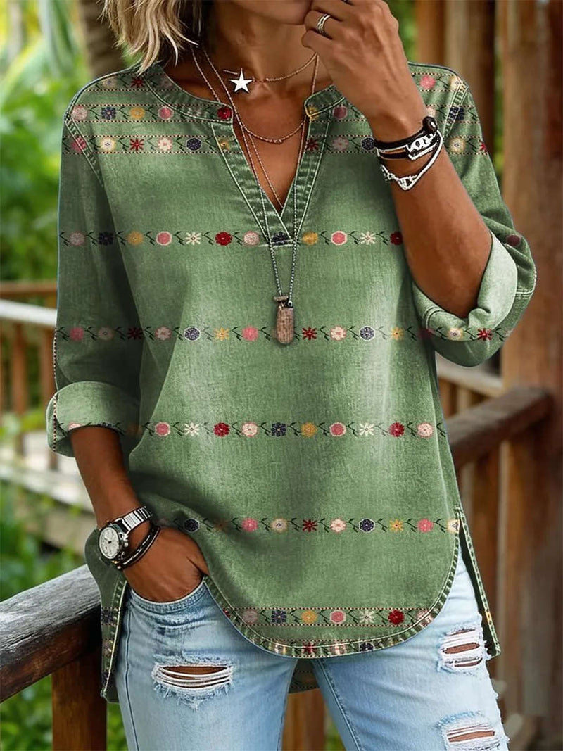 Women's Green Stripe Floral Print V Neck Long Sleeve Shirt