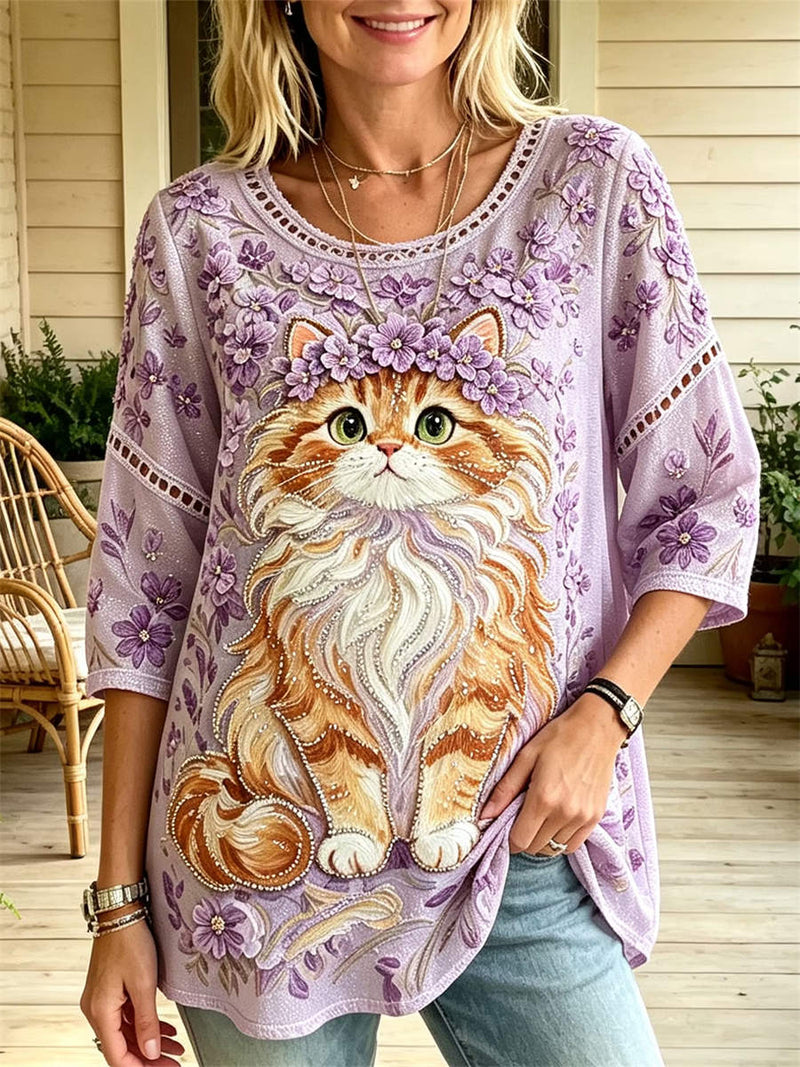 Women's Purple Cat Floral Print Round Neck 3/4 Sleeve Blouse