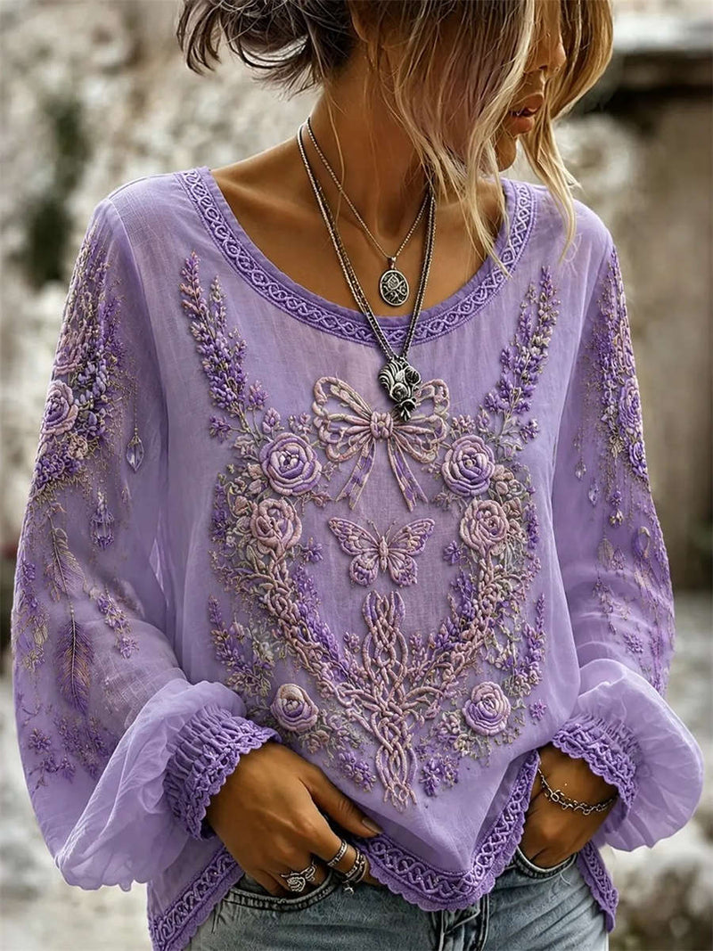 Women's Purple Floral Butterfly Embroidery Round Neck Long Sleeve Blouse