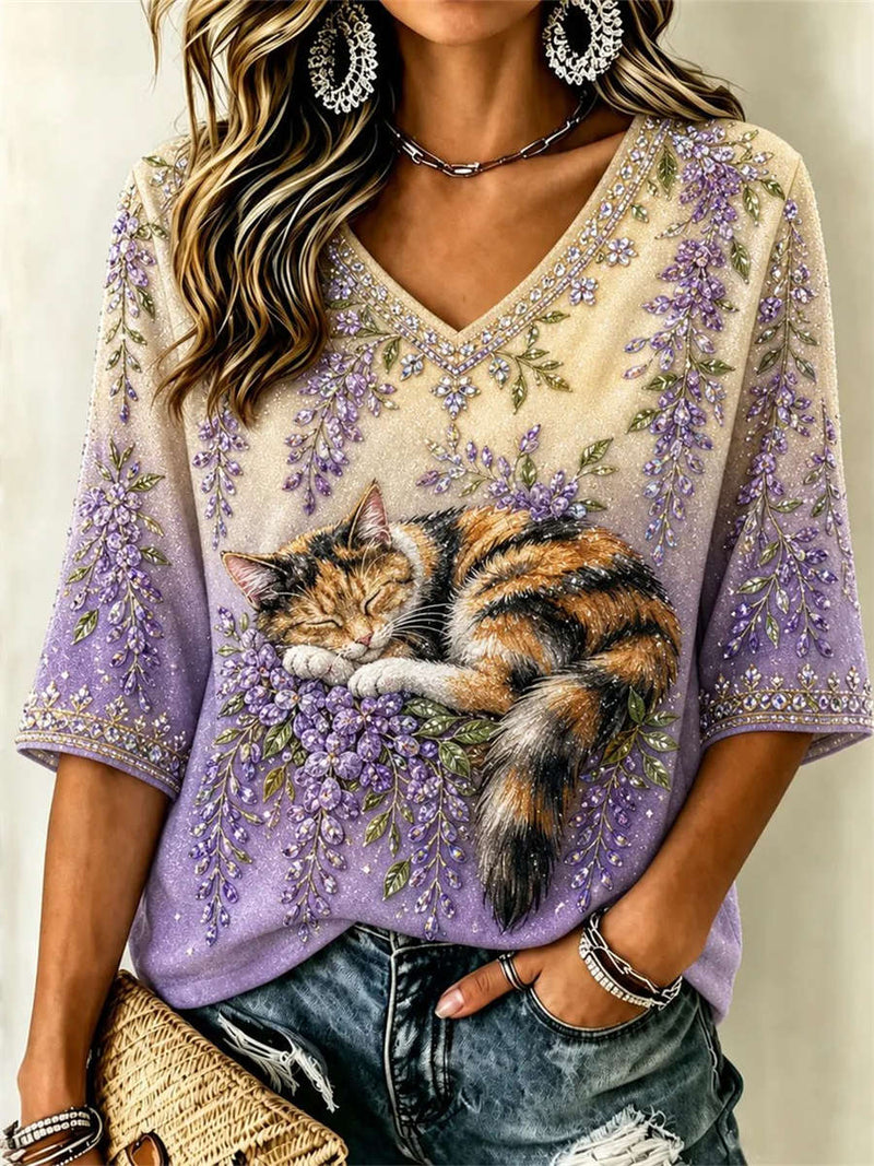 Women's Purple Gradient Cat Floral Print V Neck 3/4 Sleeve Blouse