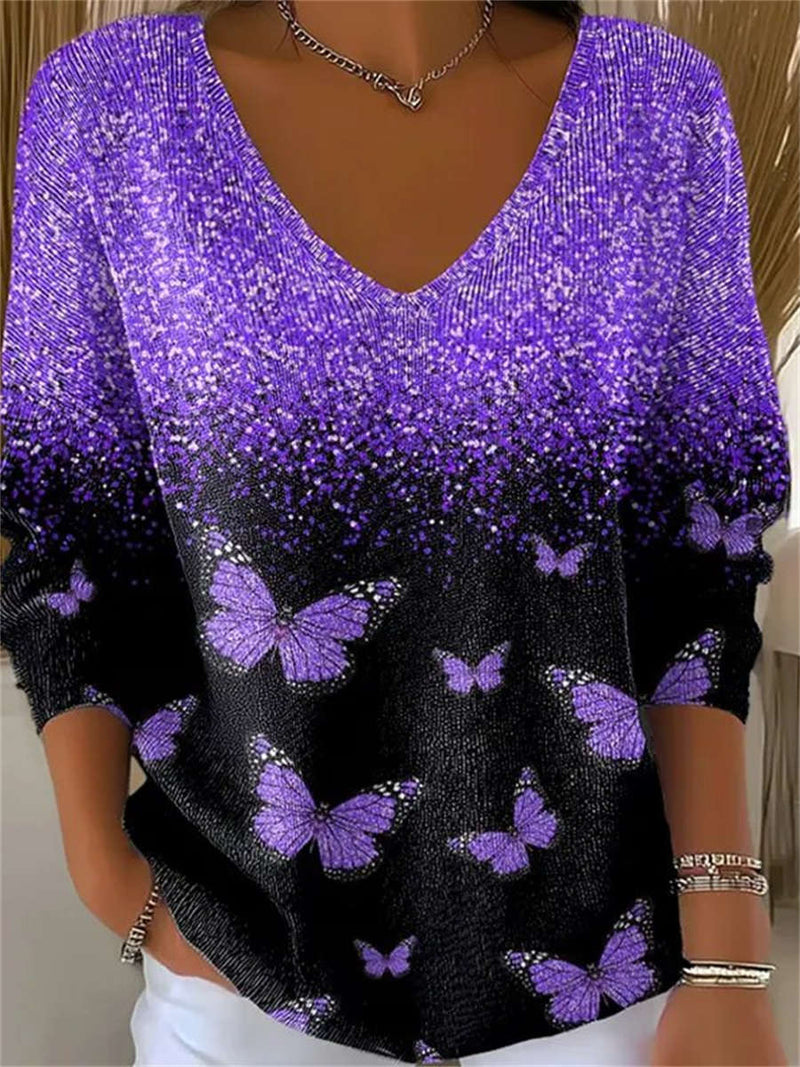 Women's Purple Gradient Butterfly Print V Neck Long Sleeve Blouse