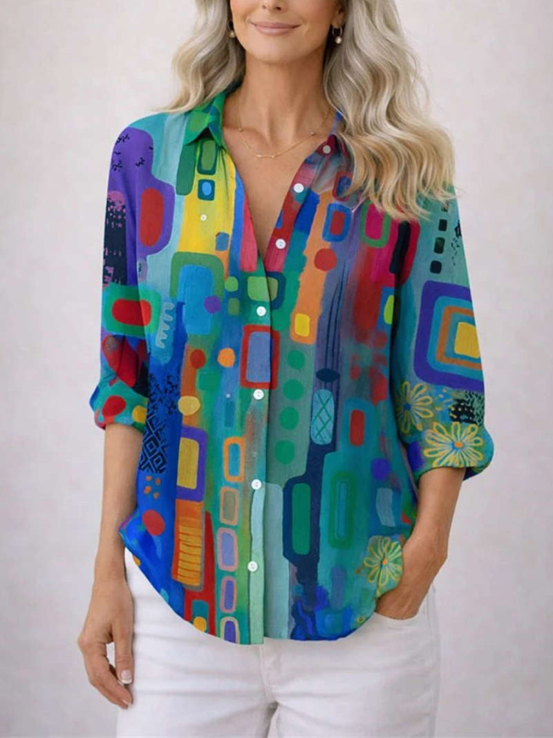 Women's Colorful Abstract Geometric Print Collar Long Sleeve Shirt