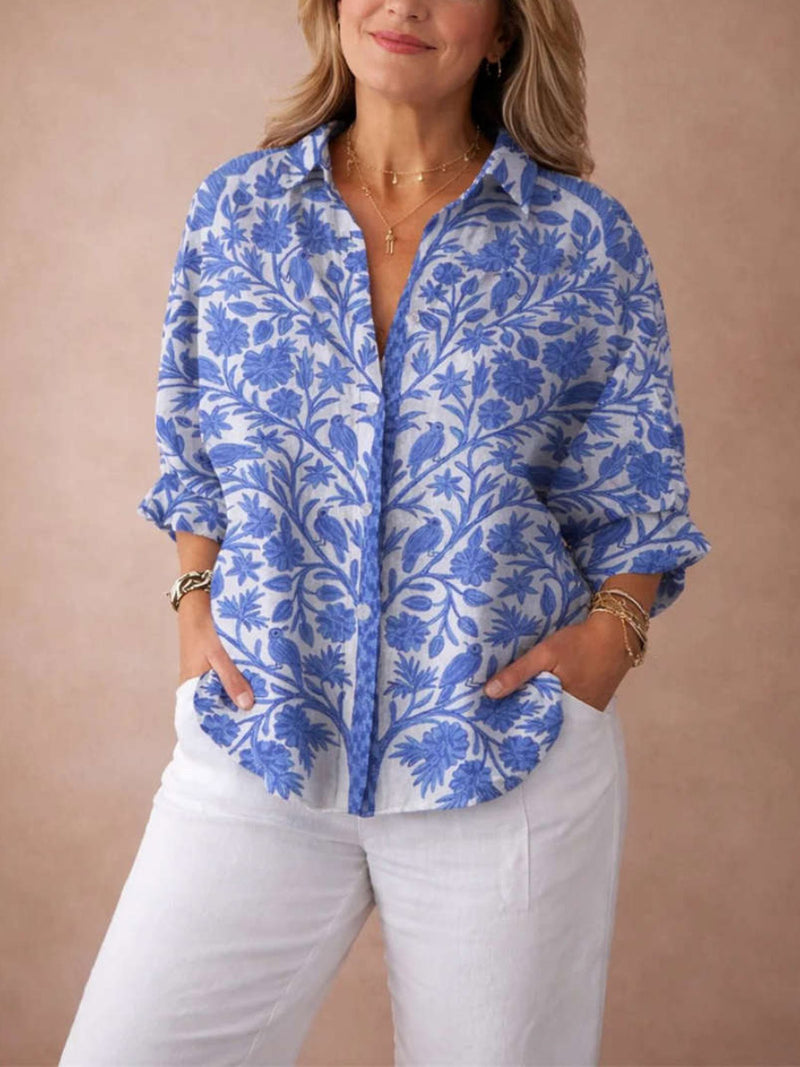 Women's Blue Tree Bird Floral Print Collar Long Sleeve Shirt