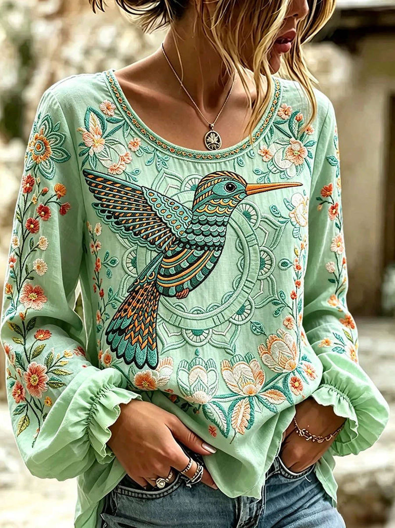 Women's Green Hummingbird Floral Embroidery Round Neck Long Sleeve Blouse