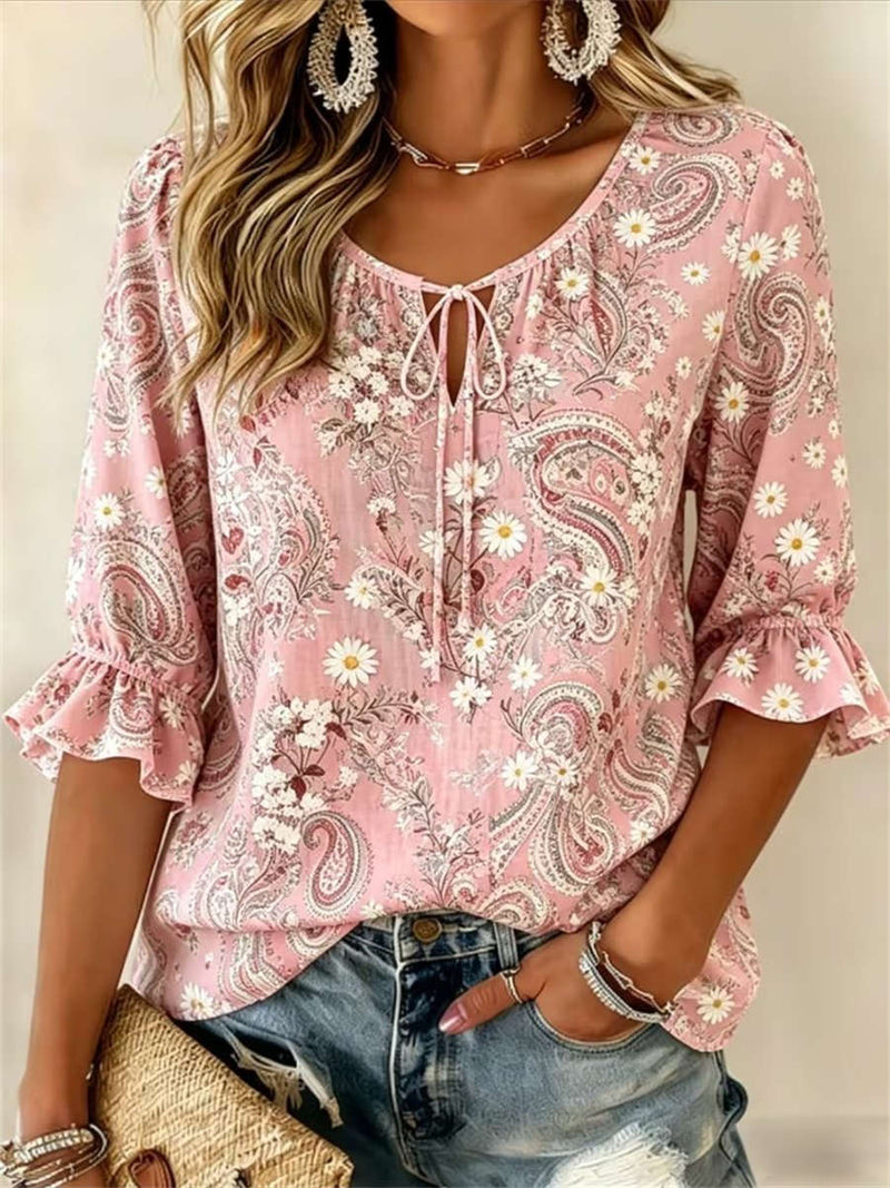 Women's Pink Paisley Floral Print Tie Round Neck 3/4 Sleeve Blouse