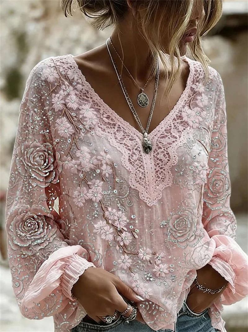 Women's Pink Floral Rose Print Lace V Neck Long Sleeve Blouse