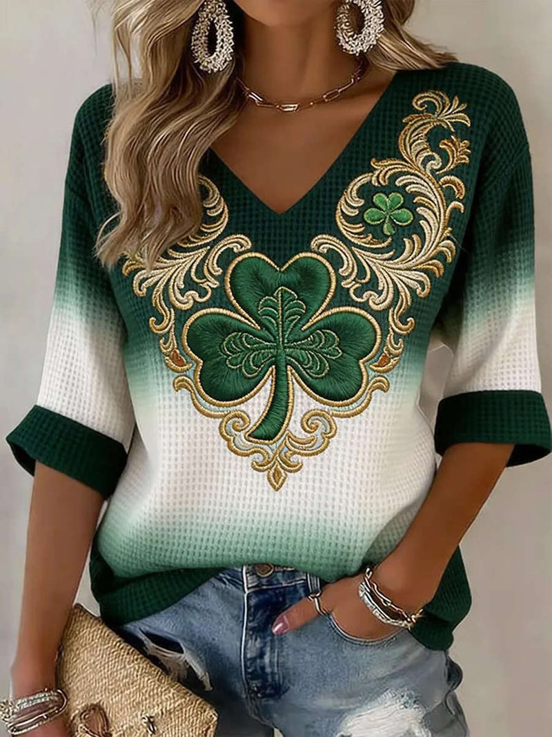 Women's Green Gradient Shamrock Print V Neck 3/4 Sleeve Blouse