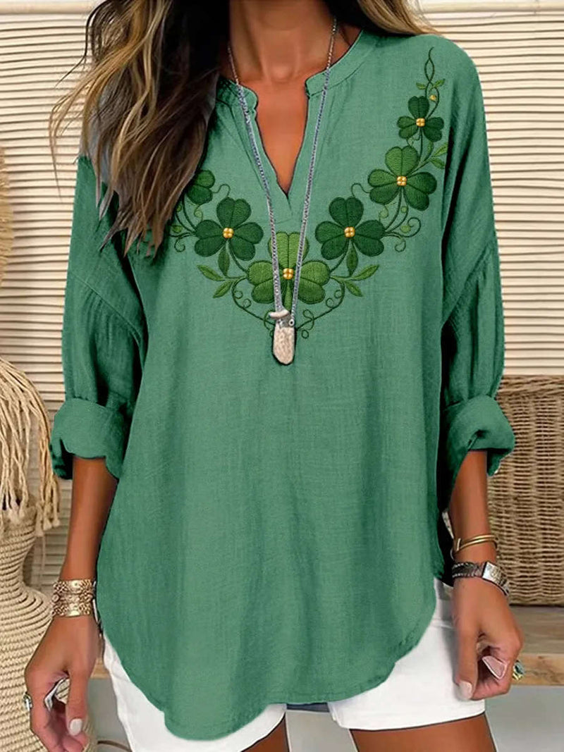 Women's Green Shamrock Print Notch Neck Long Sleeve Blouse