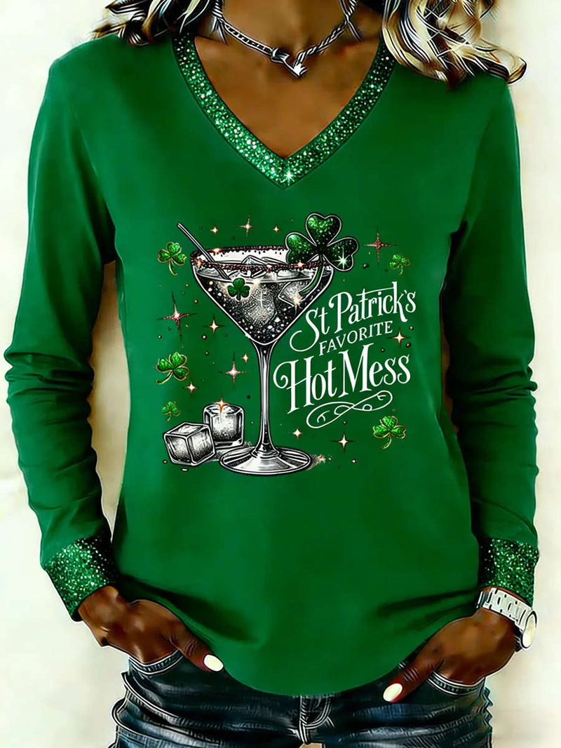 Women's Green Cocktail Shamrock Print V Neck Long Sleeve Tee