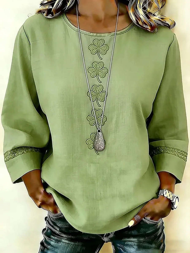 Women's Sage Shamrock Print Round Neck 3/4 Sleeve Blouse