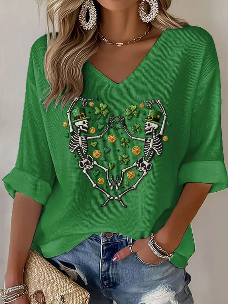 Women's Green Skeleton Shamrock Heart Print V Neck 3/4 Sleeve Blouse