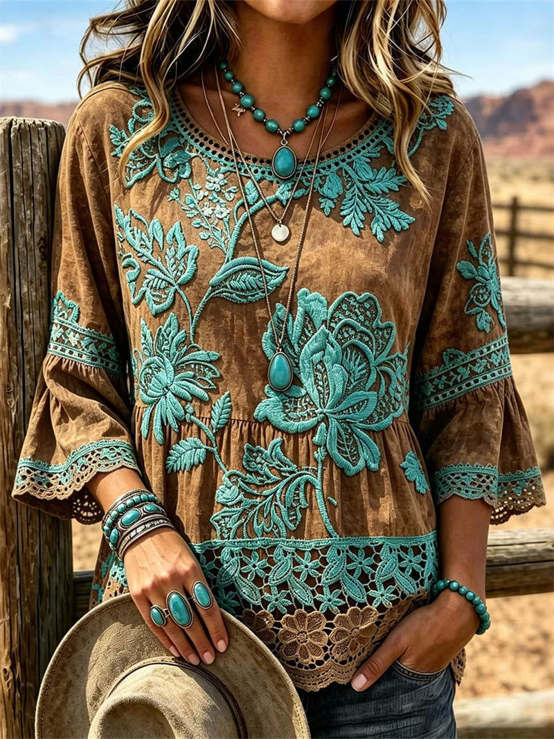 Women's Brown Turquoise Floral Print Lace Round Neck 3/4 Sleeve Blouse