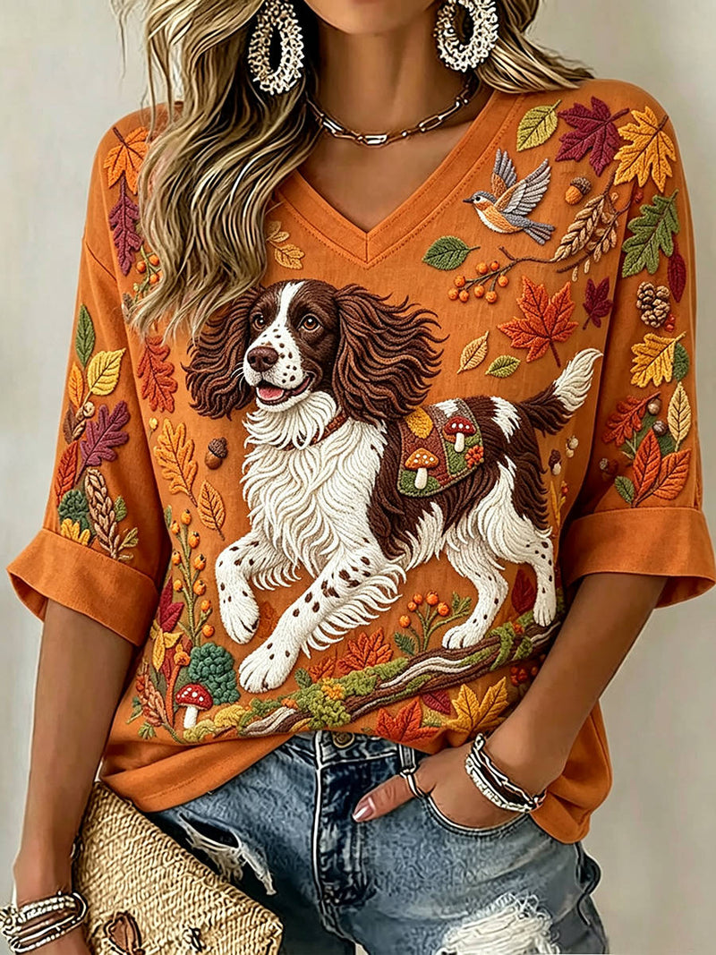Women's Orange Spaniel Dog Maple Leaf Print V Neck 3/4 Sleeve Blouse