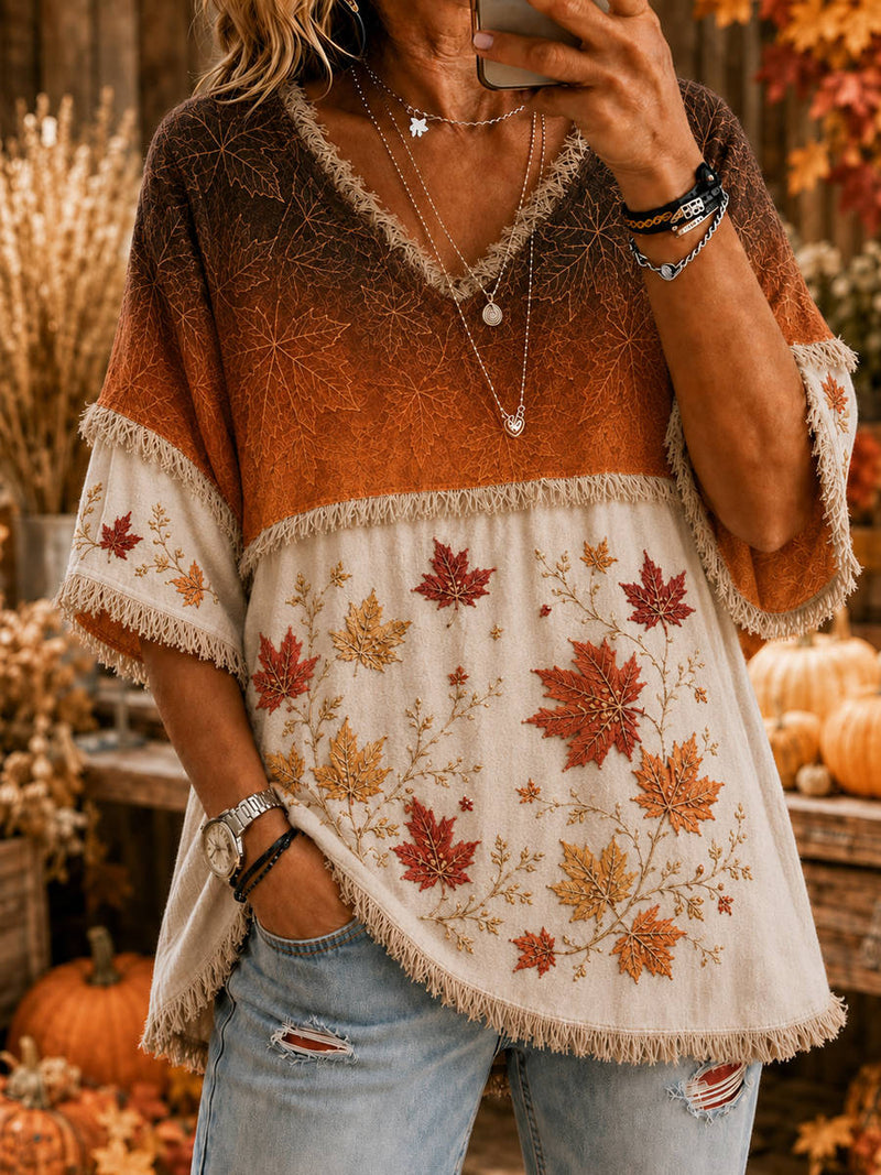 Women's Orange White Maple Leaf Print Fringe V Neck 3/4 Sleeve Blouse