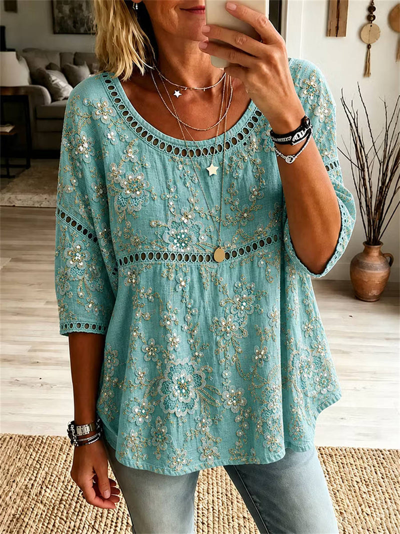 Women's Light Turquoise Floral Print Eyelet Round Neck 3/4 Sleeve Blouse
