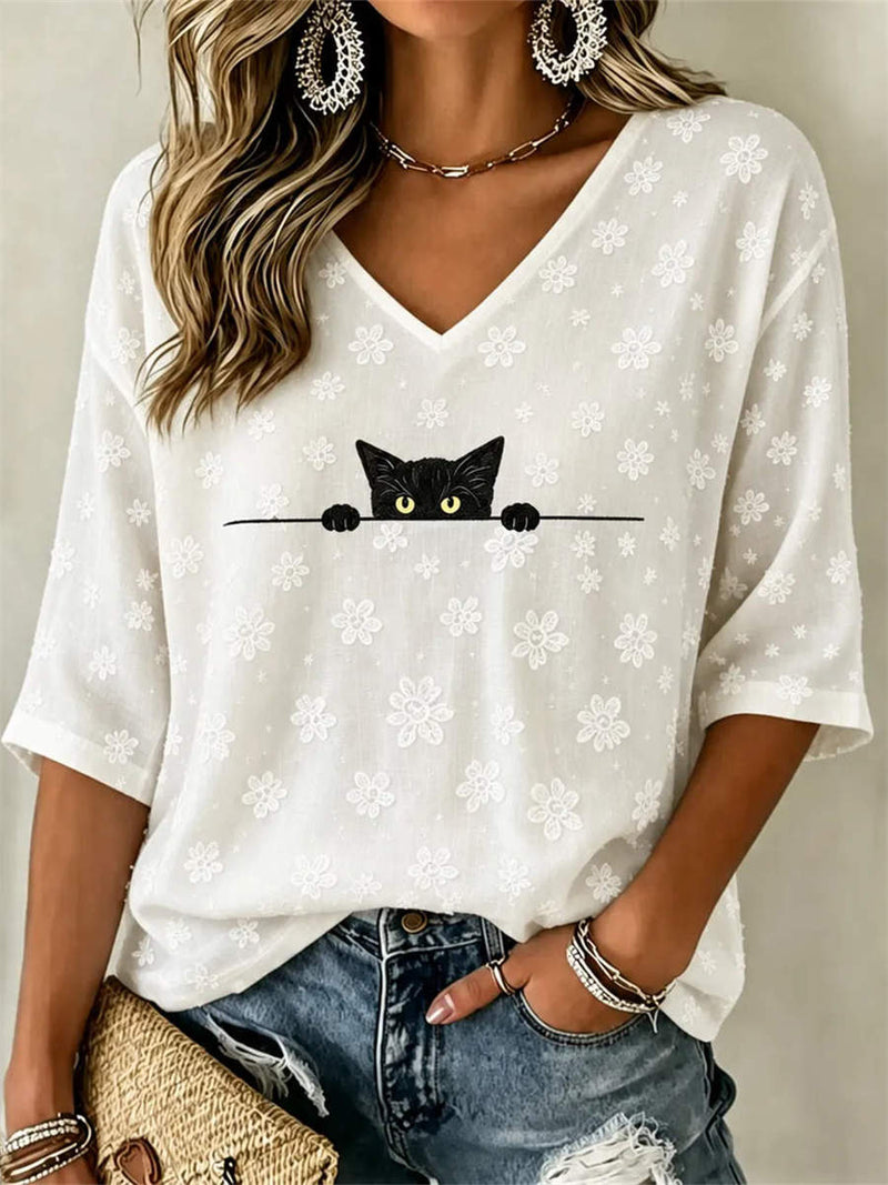 Women's White Floral Peeking Black Cat Print V Neck 3/4 Sleeve Blouse