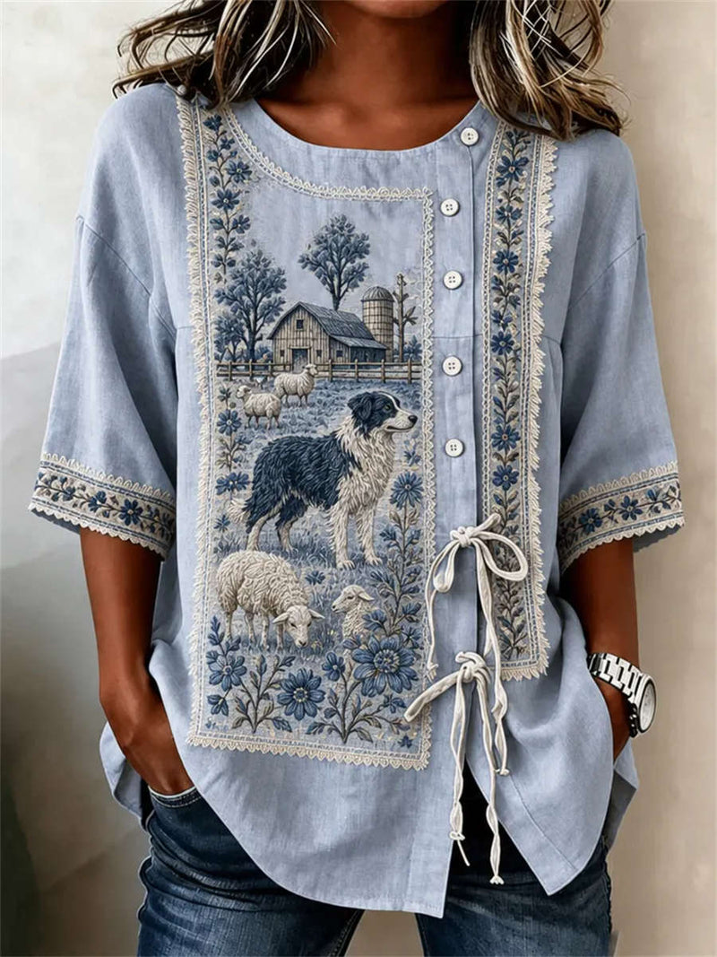 Women's Light Blue Border Collie Sheep Floral Print Round Neck 3/4 Sleeve Blouse
